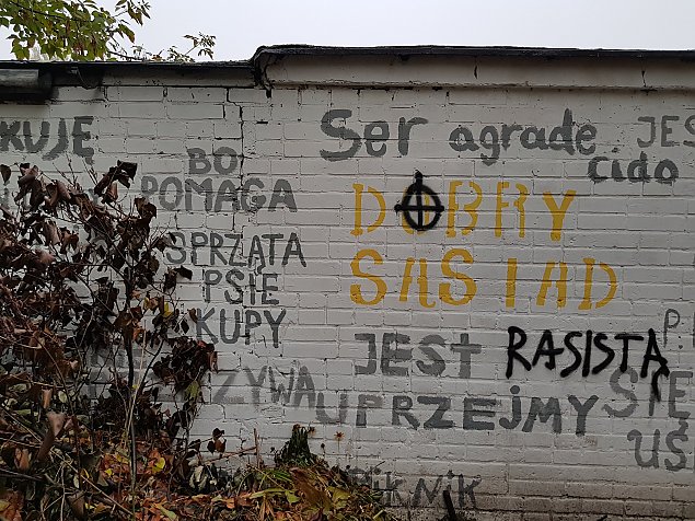 alt='Rasistowskie napisy na Muranowie. Zbirka na farb'