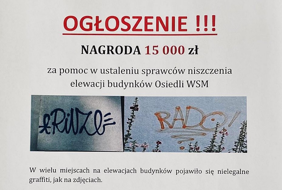 WSM: 15 tysicy nagrody za wskazanie grafficiarza