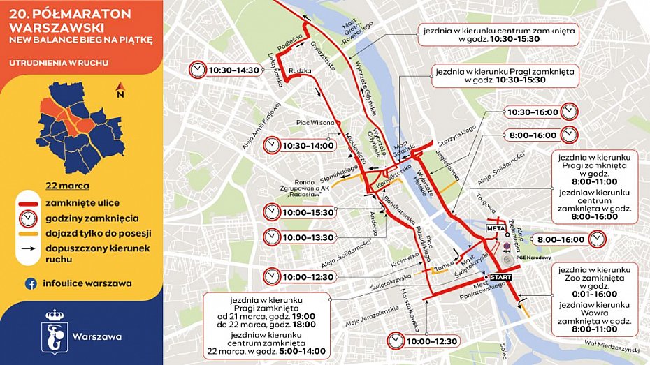 P�maraton Warszawski 2026. Lista zamkni�tych ulic i objazd�w