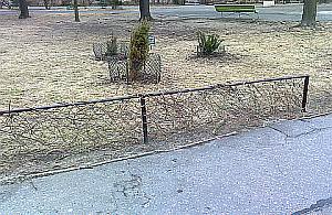 Szegedyńska: zieleń wygrodzona starymi rurami hydraulicznymi