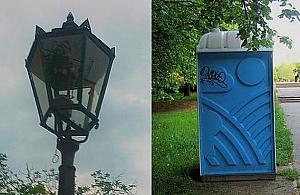 Stylizowane latarnie i... toi-toi dla Młocin