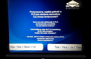 "Wypłata gotówki niemożliwa". Problemy z bankomatami