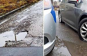 Auto wpadło w 30-centymetrową dziurę. Dwa koła uszkodzone